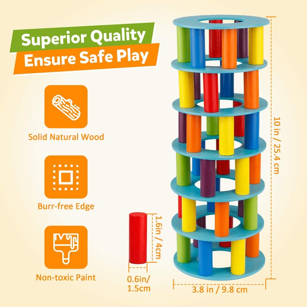Coogam Wooden Tower Stacking Game, Fine Motor Skills Building Blocks with Dice, Slate Tower Toy, Montessori Family Party Games for Children and Adults
