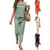 2 Pcs/Set Women Top Pants Suit Hollow O Neck Short Sleeves Pockets Lace-up Waist Solid Color Casual Loose Breathable Lady Daily T-shirt Trousers Set