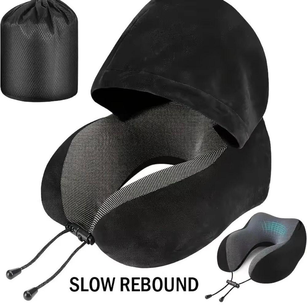 Washable Cover U-shaped Pillow with Cap Removable Car Neck Cushion Outdoor Travel