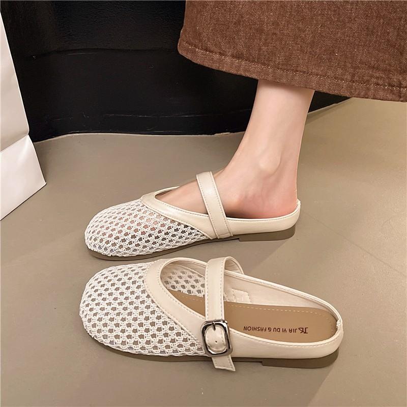 Полые плетеные сумки, тапочки-половинки, женская летняя обувь, новая обувь на плоской подошве, дышащая, с одним отверстием для педали, сандалии