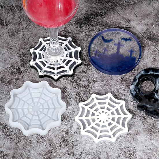 Halloween Coaster Resin Mold Skull Spider Web Tombstone Shape DIY Craft Epoxy Resin Casting Silicone Candle Cup Holder Candle Mould