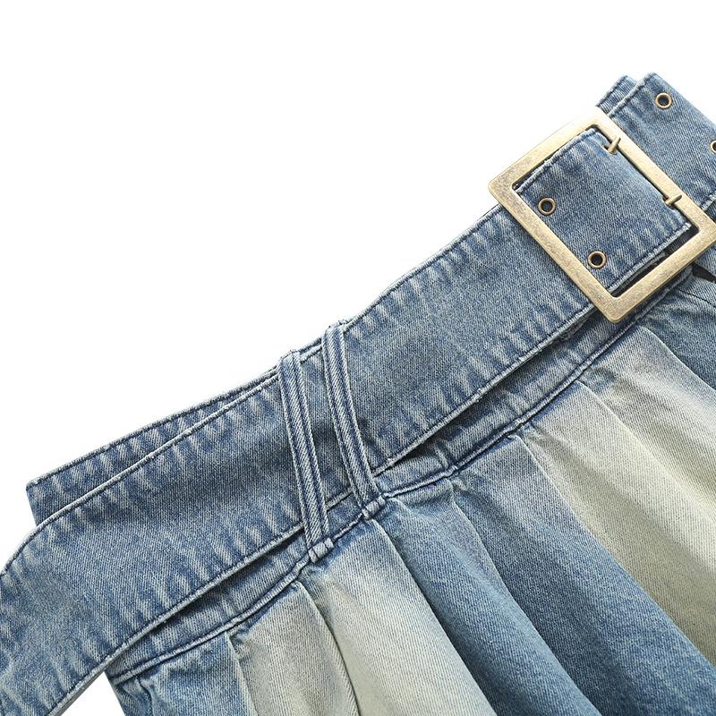 Women's Sexy Low-Waist Split Belt Denim Pleated A-line Mini Skirt