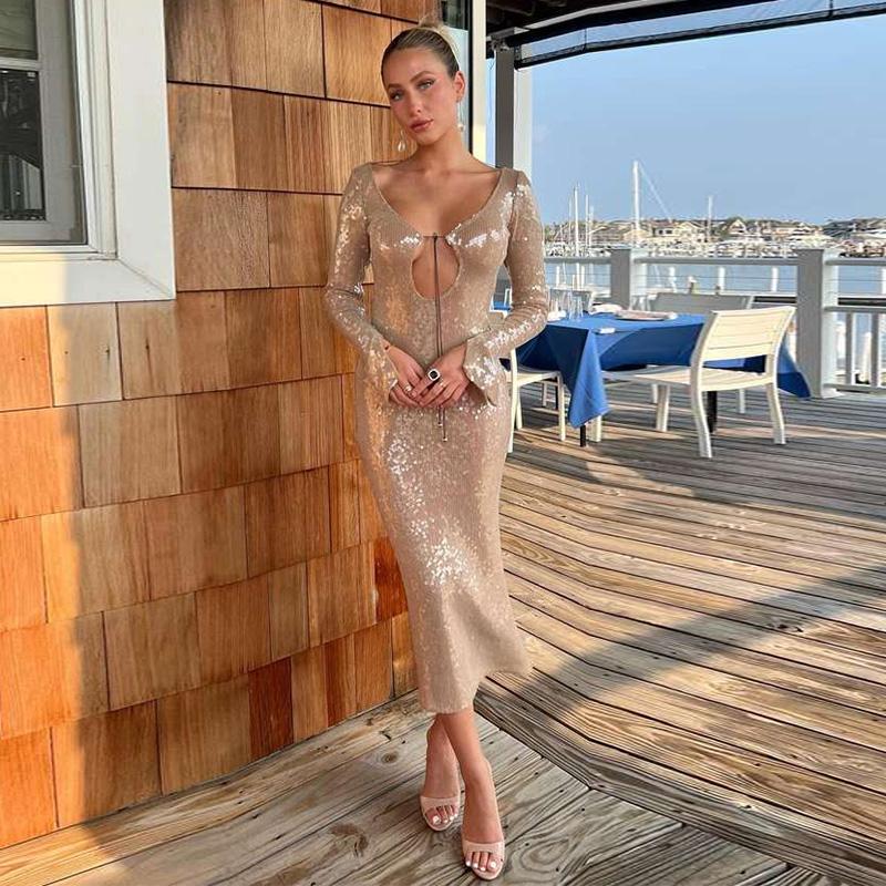 Ladies Women Sexy Long Sleeve Mesh Sequins Midi Split Solid Dress Elegant Evening Club Party Dress