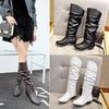 New Style Women's Mid-heel Knee-high Boots  European and American Pure Color Wrinkled Leather Boots