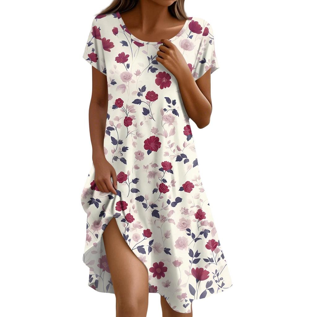 Платье в стиле бохо с коротким рукавом для женщин, повседневное, свободного кроя, сарафан с принтом, круглым вырезом, с карманами