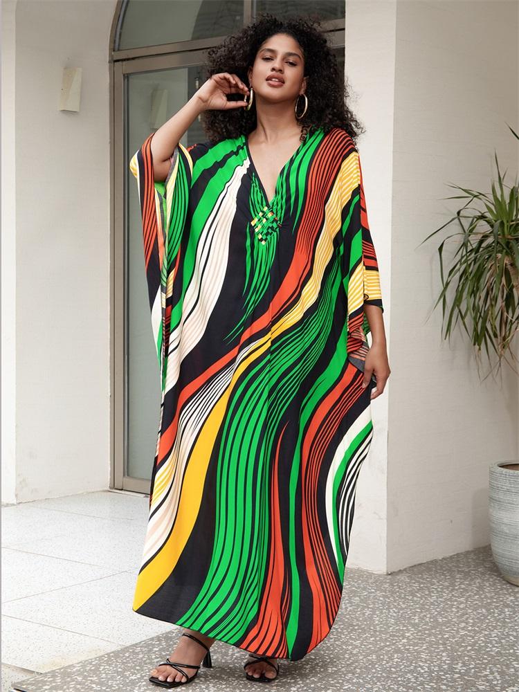 EDOLYNSA Boho Women's Plus Size Kaftan Beach Maxi Dress Summer Striped Print Beachwear Swimsuit Cover Up V-neck Loose House Dresses Q1628