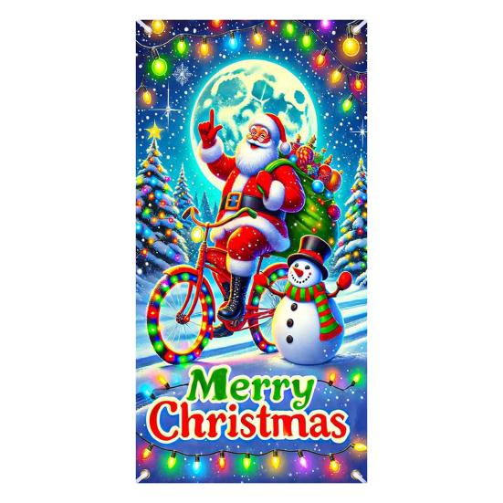 Fluorescent Christmas Door Cover 71x35 Inch Glow In The Dark Door Banner with Santa Tree Gift Box for Winter Front Door Party Wall Decor