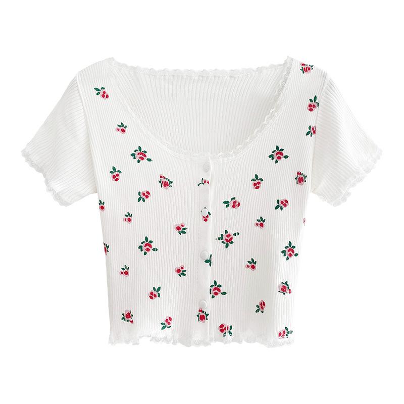 Футболка с короткими рукавами в стиле ретро, женская, летняя, нежная, с мелкими цветами, с открытым пупком, повседневная, удобная, в стиле Slim Fit, пуловеры, футболки