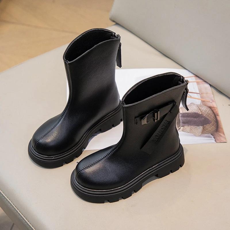 Новые детские ботинки, ботинки для девочек, матовые, однотонные, школьные, черные, весна-осень, модные детские кожаные ботинки по щиколотку, нескользящие