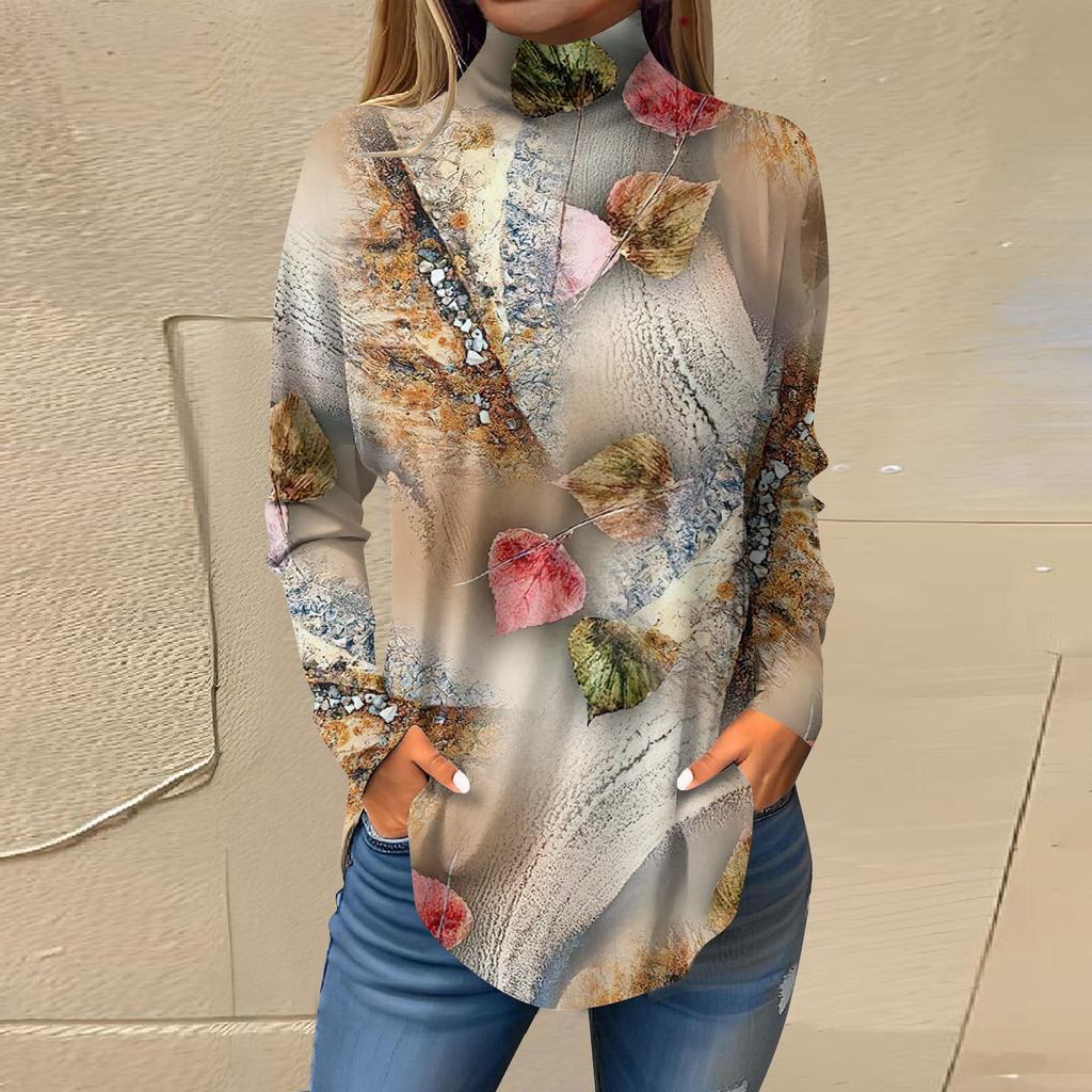 Женская модная повседневная футболка с длинным рукавом с высоким воротом и принтом, пуловер, топ