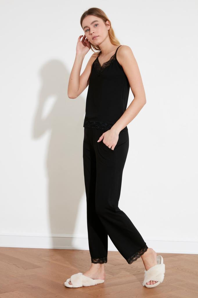 Women's Fashion New Pajama Set Black Lace Detailed Rope Strap Knitted Pajama Set