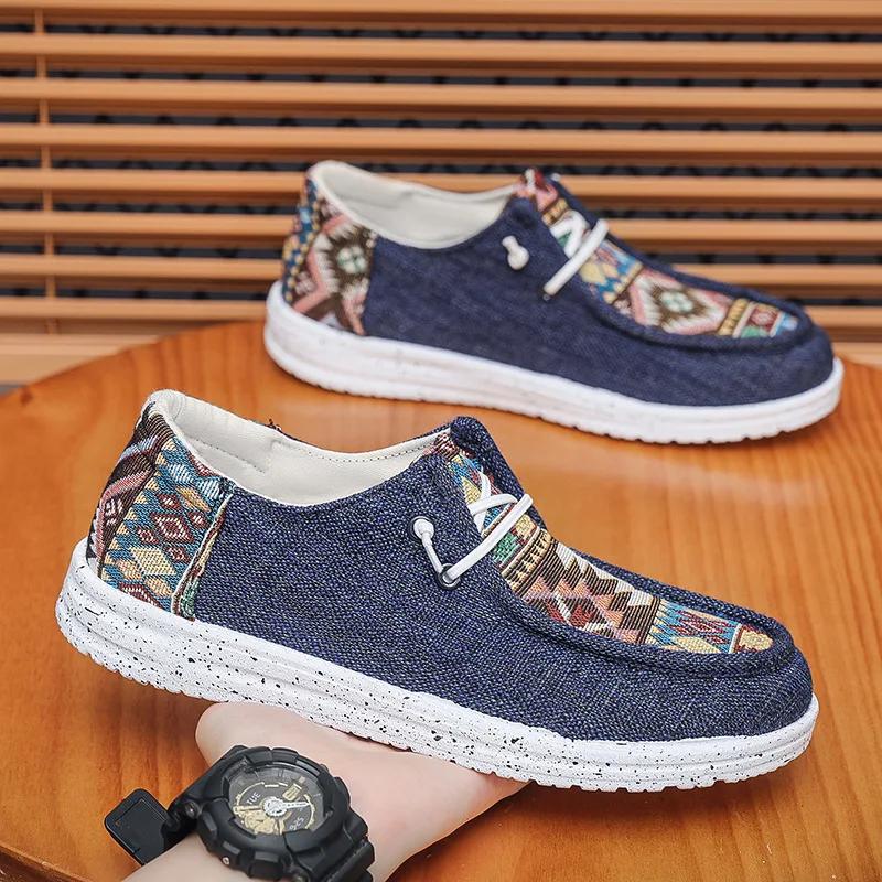 Модная новая этническая обувь для мужчин, льняная парусиновая обувь для ходьбы, трендовая обувь, повседневная дышащая обувь на плоской подошве