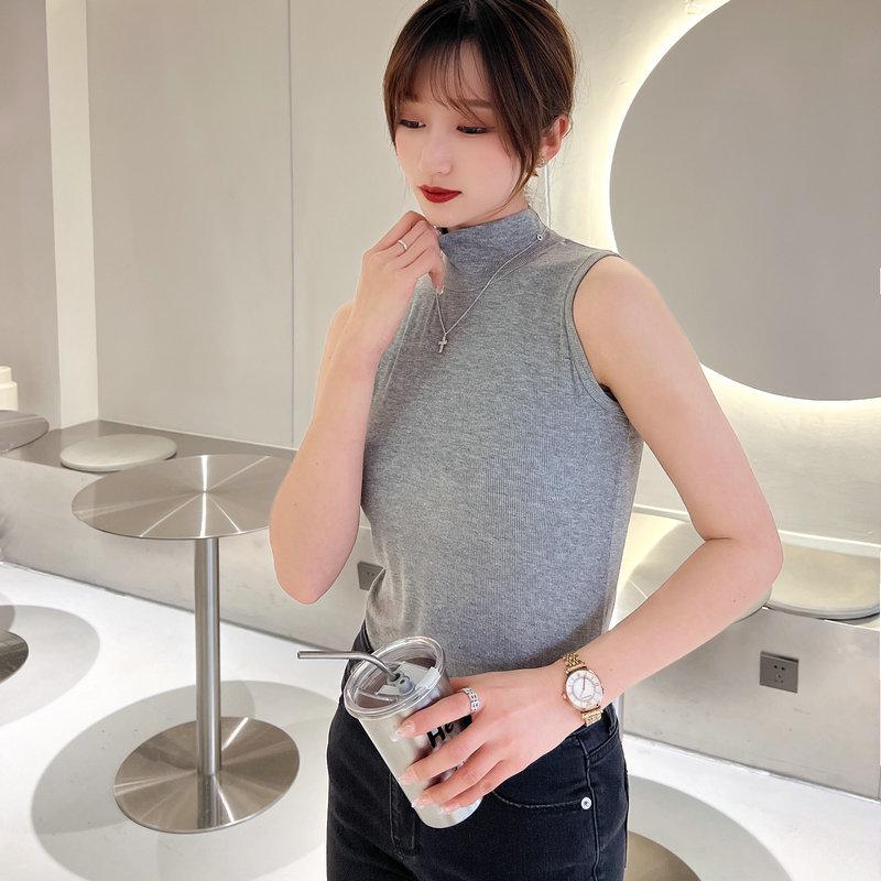 Женский облегающий хлопковый жилет без рукавов с полувысоким воротником - Летний топ однотонной расцветки