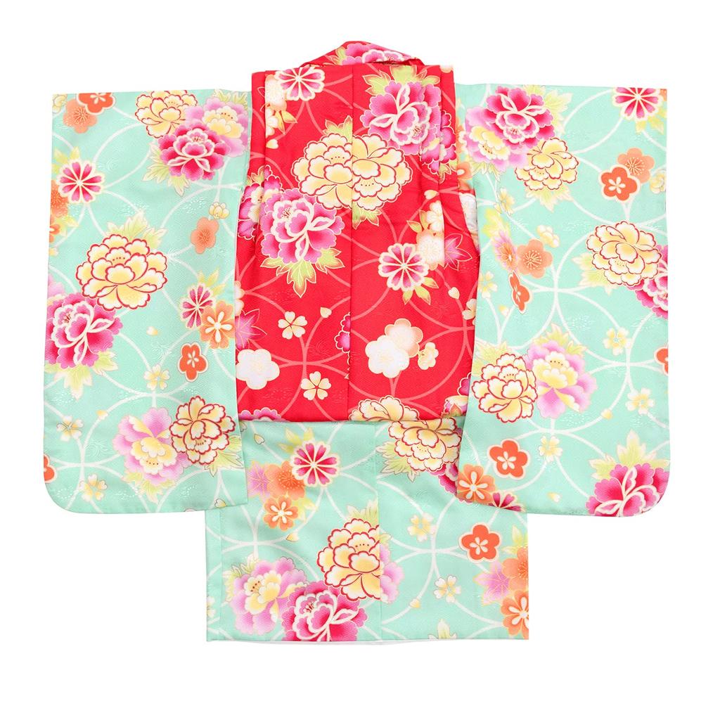 Kimono Set for 3 Years Cloth Gorgeous Set Patterned Date Long Hair Waist for Girls Jade [KYOETSU] Shichi-Go-San, Old, Set, C, 9-piece (patterned