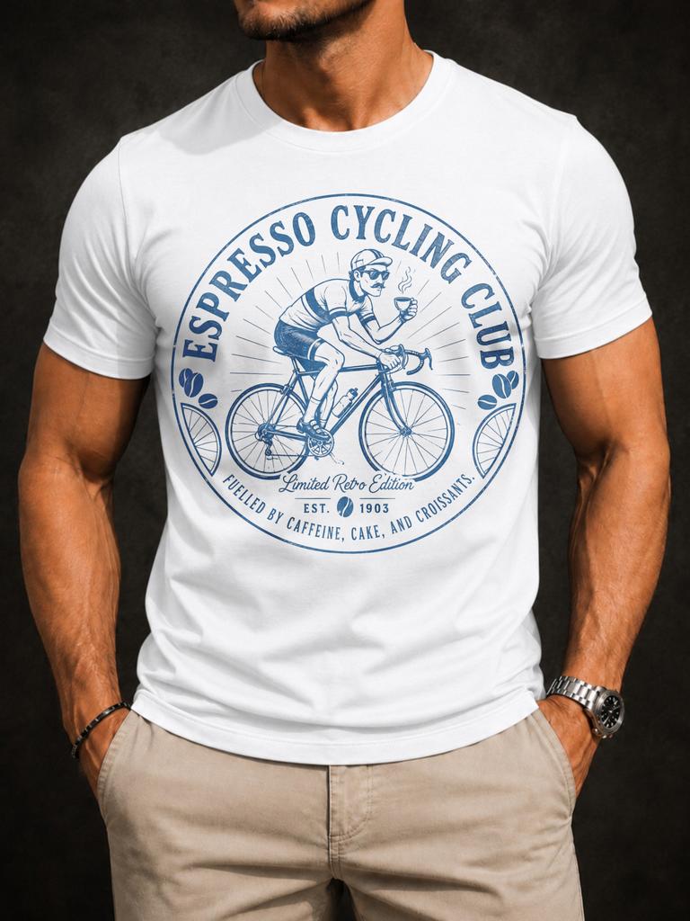 Espresso Cycling Club Est 1903 Graphic round cyclist with coffee beans and wheel accents vintage Unisex All TShirt