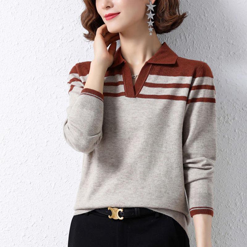 New Autumn Fashion Loose Versatile Polo Collar Panel Contrast Color Temperament Women's Knitted Long Sleeve Sweater