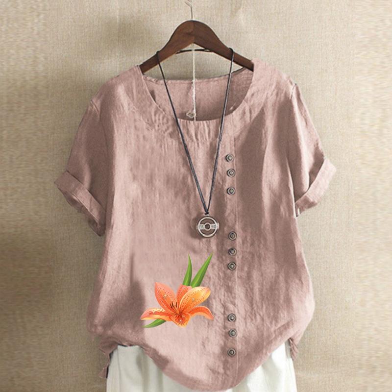 Women's Fashion Round Neck Short Sleeve T-shirt Casual Cotton Linen Graphic Shirt Flower Prined Summer Blouse Tops Plus Size