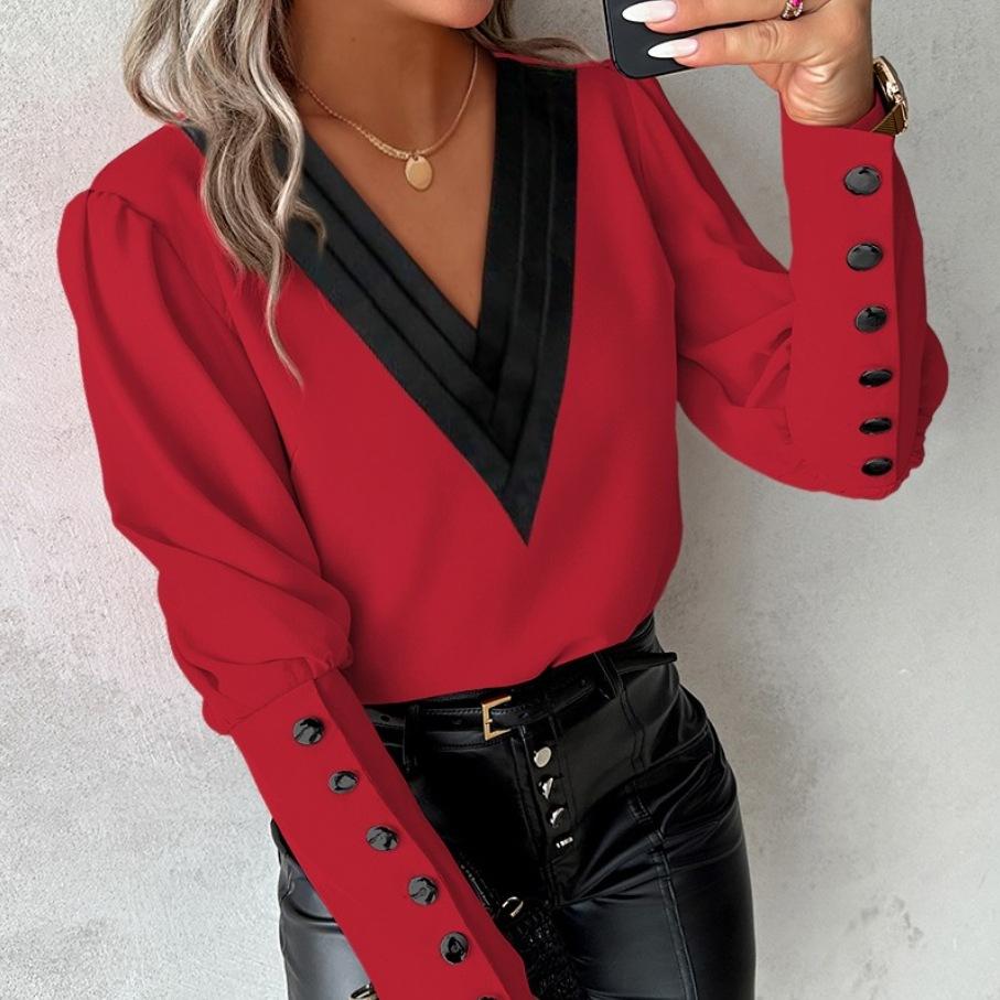 YYFS Women's Fashion Casual Spring Fall Long Sleeve V-Neck Blouses & Shirts