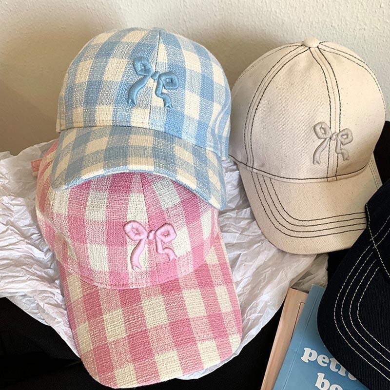 RICYGVM Embroidery Bow Baseball Hat Women Outdoor Sun Protection Visors Fashion Plaid Duckbill Cap Korean Girls Duck Tongue Caps