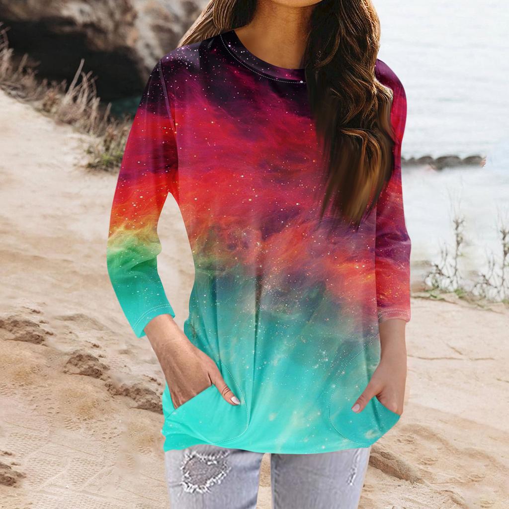 Женская модная повседневная футболка с карманом и круглым вырезом с рукавами 3/4 и топом