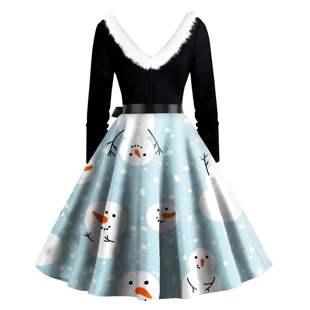 Women Vintage Long Sleeve Christmas Print 1950s Housewife Evening Party Prom Dress