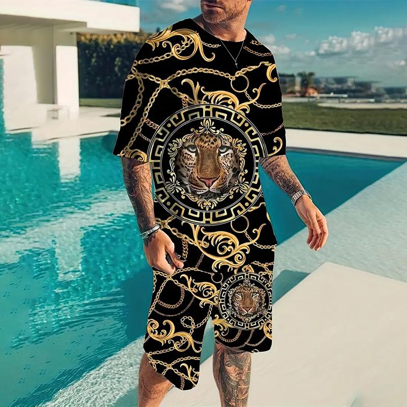 2025 Новый летний мужской спортивный костюм с принтом тигра, повседневный уличный костюм, 3D стерео принт, пляжная одежда, мужская футболка, шорты, комплект из двух предметов