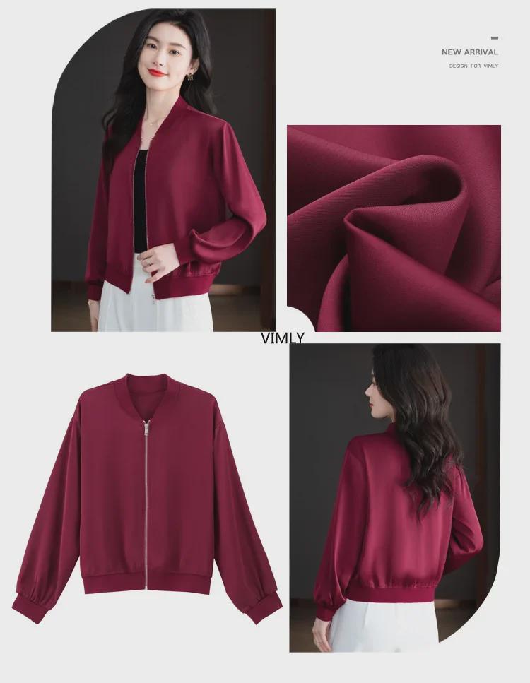 Весна 2024 Женская свободная бейсбольная куртка из ацетатного атласа - Повседневный короткий кардиган с длинными рукавами