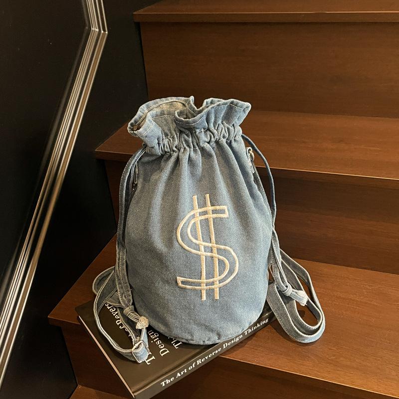 Fashionable Embroidered Drawstring Bucket Bag New Textured Washing Denim Money Bag Multipurpose Shoulder Bag