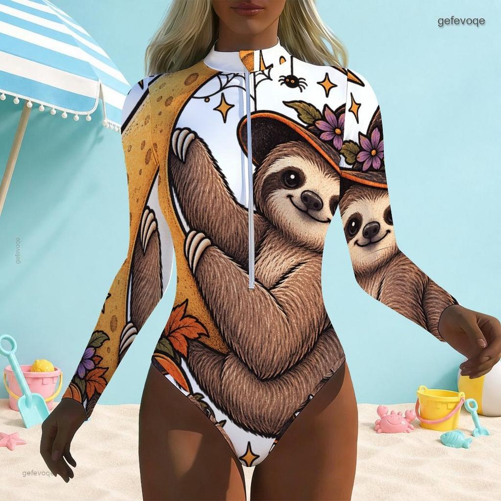 Women Plus Size High Neck Front Zip Long Sleeve One Piece Sloth Printed Swimsuit