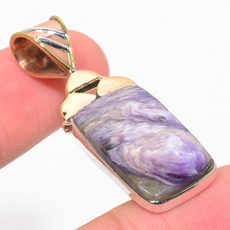 Natural Russian Charoite Two Tone 925 Solid Sterling Silver Pendant 1.75'' I3b21