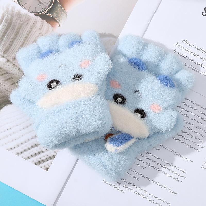 Cartoon Cute Children's Half Finger Flap Warm Gloves In Autumn and Winter Cold Proof and Thickened Baby Girl Writing and Riding A Bicycle Five-finger