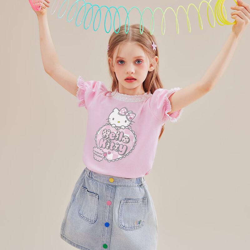 Hello Kitty Летняя детская футболка с мультяшным принтом в виде сердца и пышными рукавами