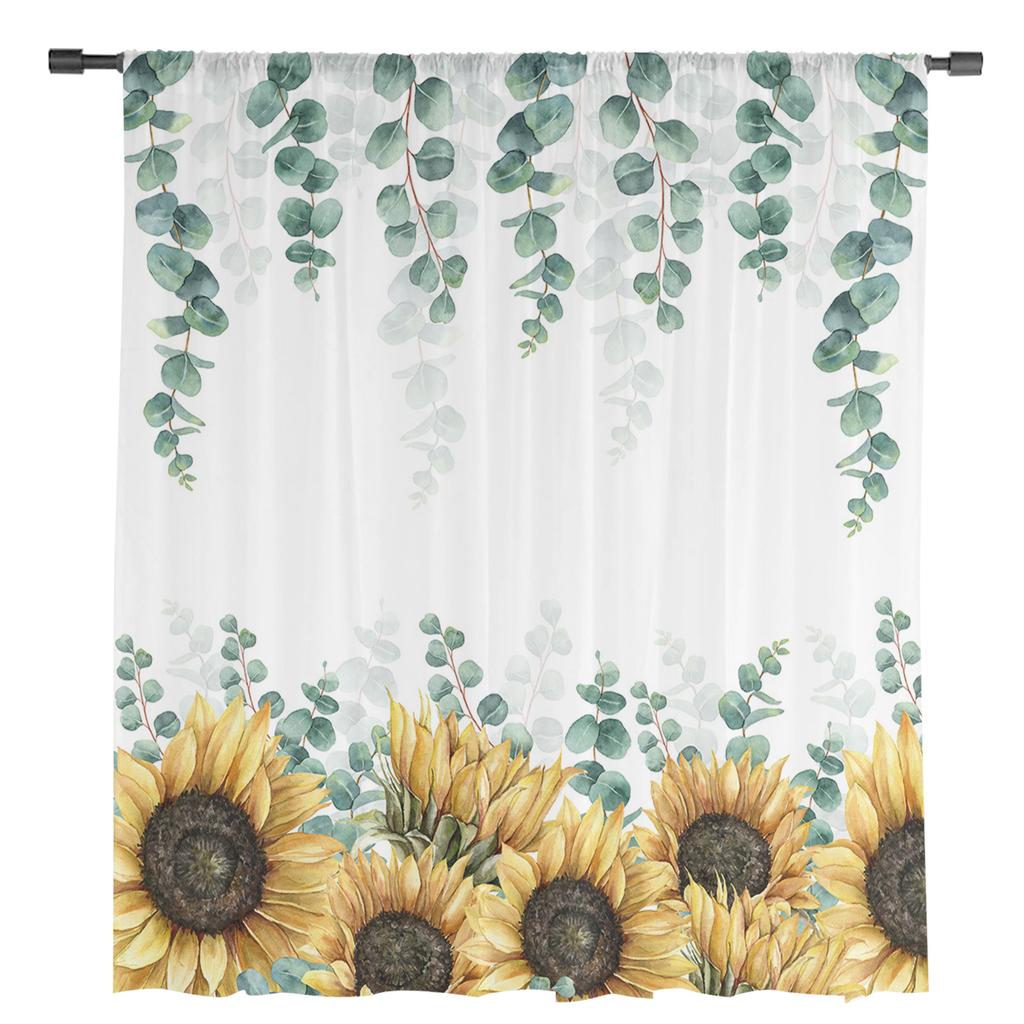 Eucalyptus Leaves Sunflower Flower Sheer Curtains Home Window Decorations Voile Tulle Curtains For Living Room Bedroom Kitchen