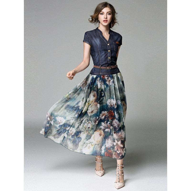 Женские летние джинсовые облегающие платья миди с v-образным вырезом и принтом