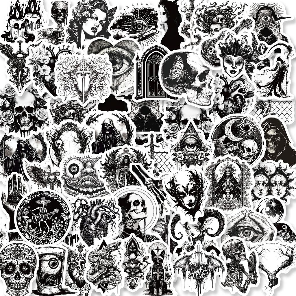 50 Black and White Personalized Gothic Stickers Skull Cool Fashion Horror Series Waterproof Stickers