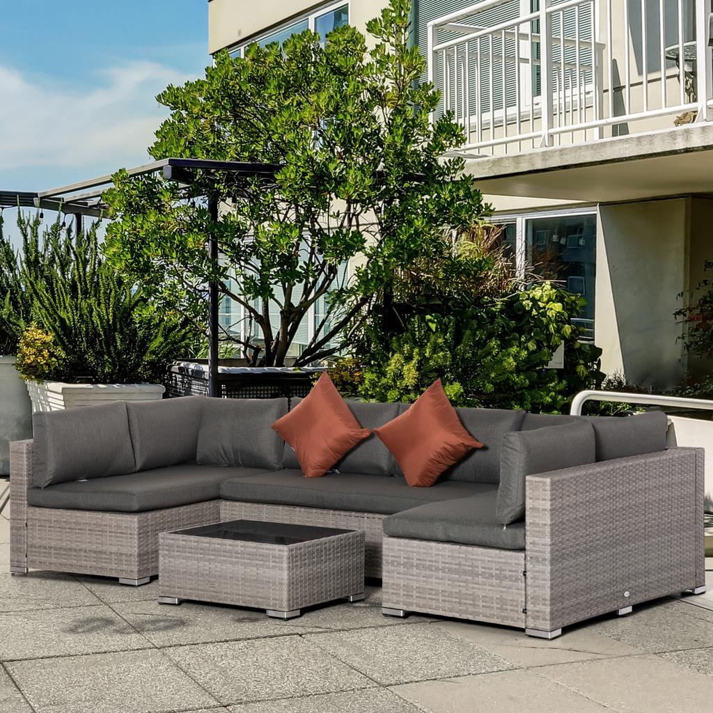 6 Seater Outdoor Rattan Sofa Set with Tempered Glass Coffee Table & Cushions, Deep Grey