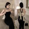 French Style Beautiful Black Bow Sexy Hip Shoulder Strapless Neck Dress Women's Summer High-end Dress