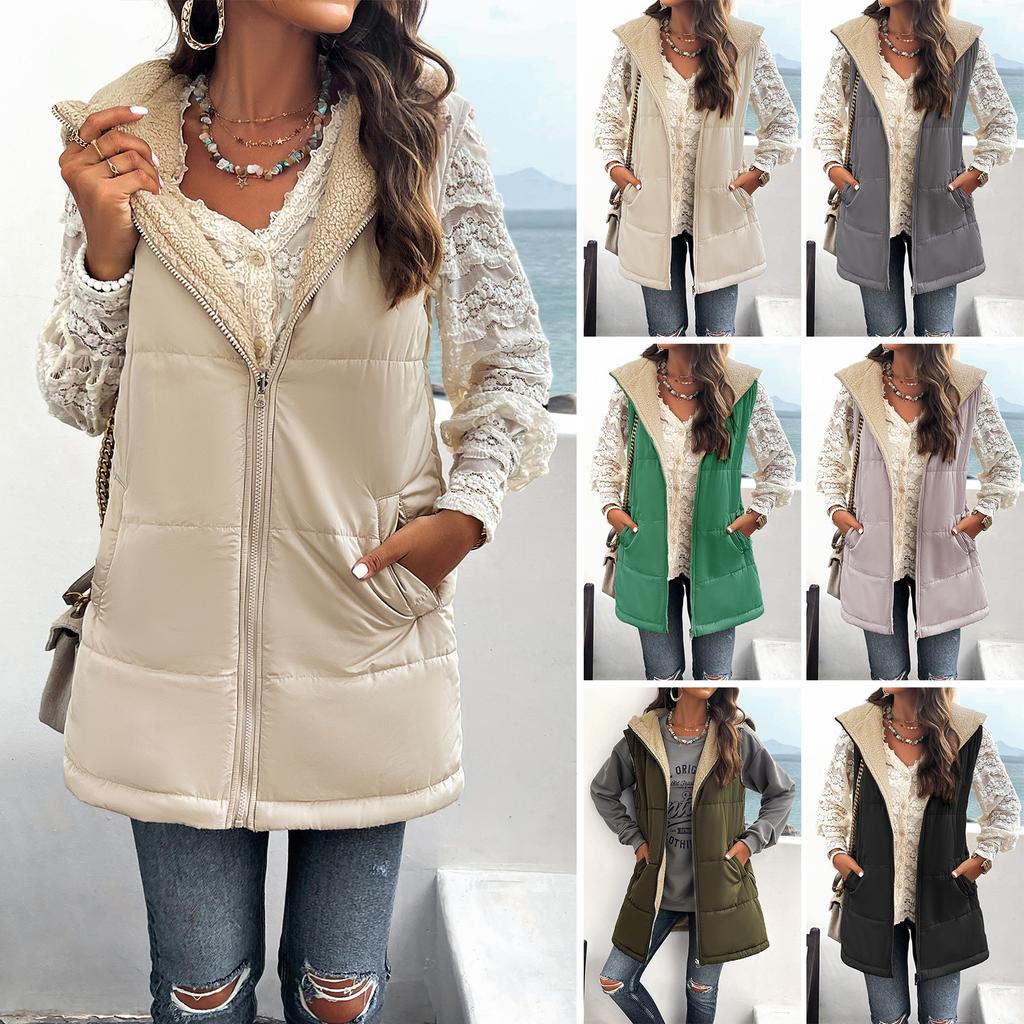 Women's Fashion Solid Color Double-sided Wearing Cotton-padded Coat Winter Loose Commuter Mid-length Hooded Cotton-padded Coat