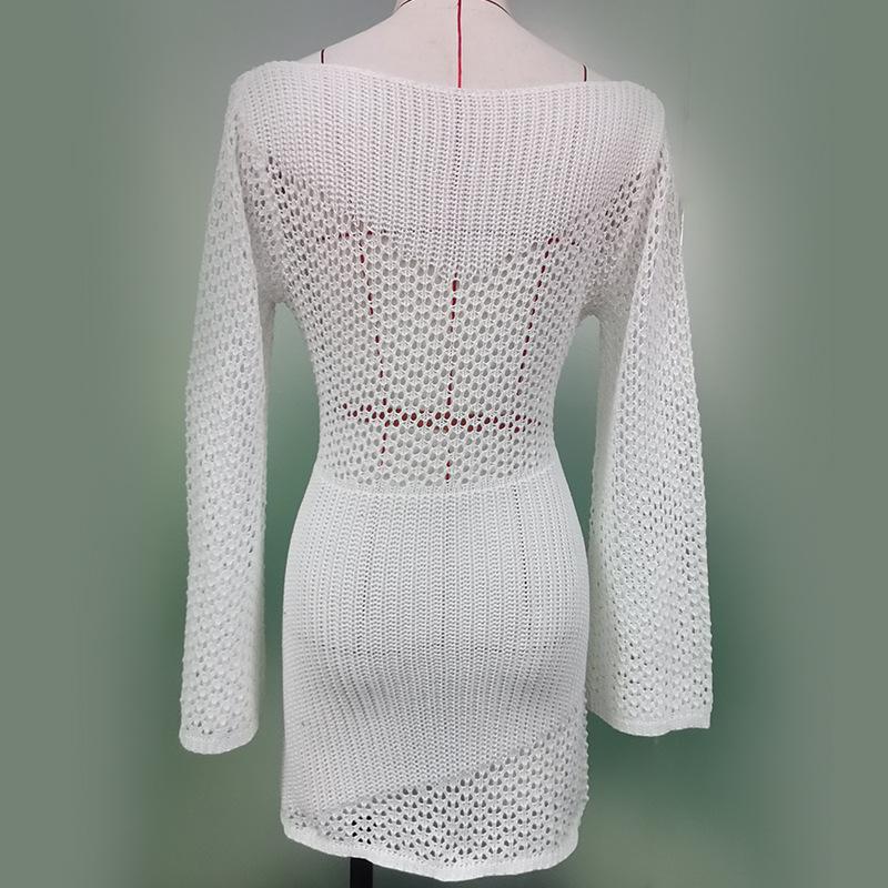 Bikini Cover Up Beach White Crochet Tunic Women Summer Knitted Bodycon Mini Dress See Through Elegant Hollow Out Sexy Party Dresses