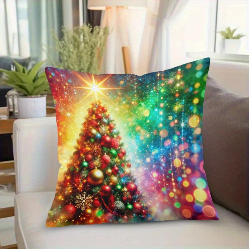 1pc Pillowcase, Christmas Tree Colored Light Night, Printed Festive Theme Cushion Cover with Hidden Zipper, Suitable for Sofa, Living Room, Office, Ho