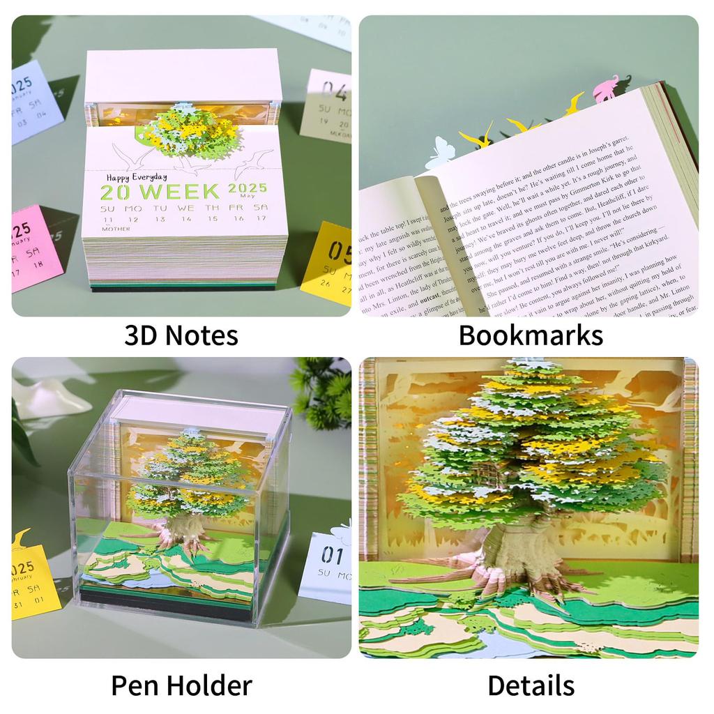 3D Light Art Calendar 2025, 3D Memo Pad Creative Time Piece Calendar Tree Rip Away Paper Carving Multicolor DIY Note