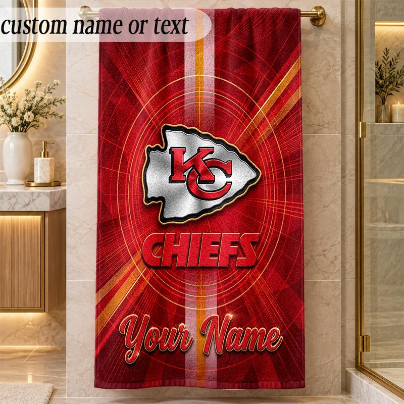 Beach TowelKansas City Chiefs Custom Name Text Personalized Soft Towel for Beach Pool Indoor Home Decor Gift