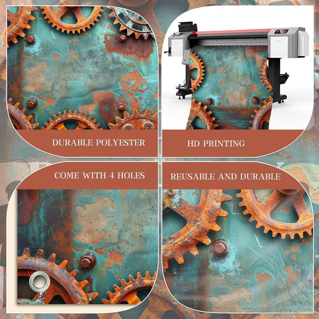 Industrial Rusty Gears Photography Backdrop - Steampunk Distressed Metal Texture Background for Party Decor, Mechanic Ma