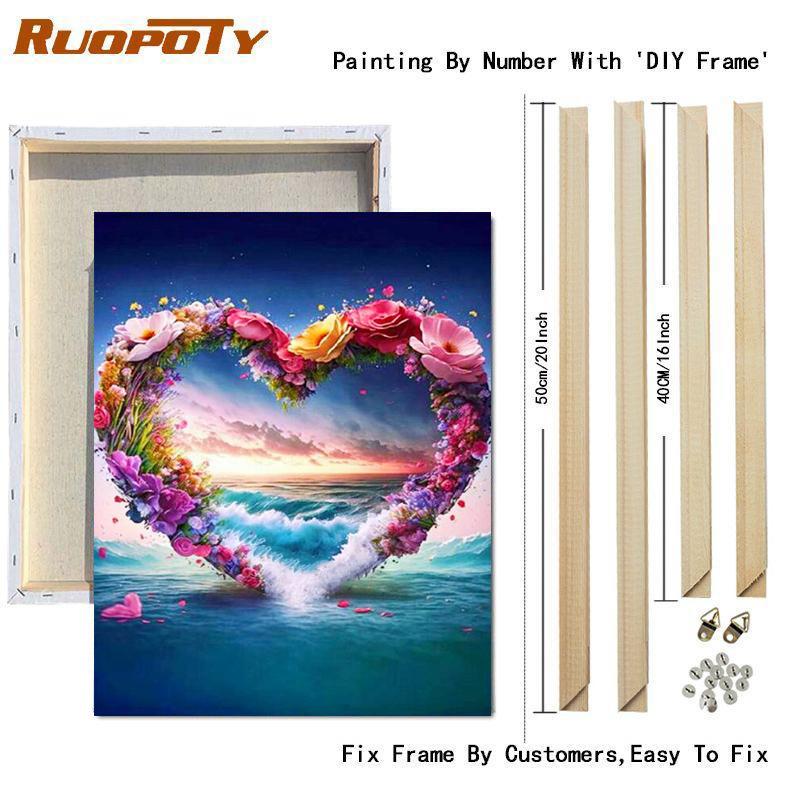 RUOPOTY Diy краска по номерам для взрослых, сердце, цветок, холст, наборы для рисования, акриловые рисунки для начинающих, поделки для украшения дома