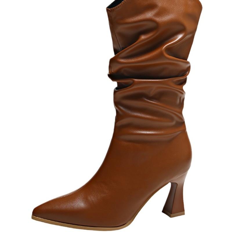 Женские сексуальные одинарные сапоги, кожаные сапоги со складками, высокие каблуки