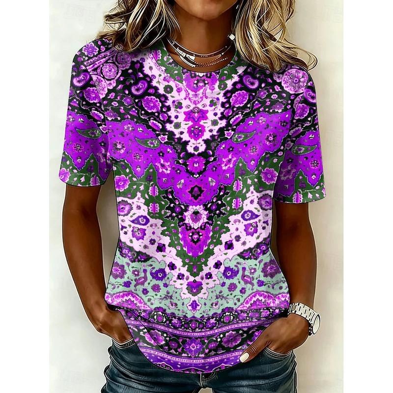 Women's T Shirt Print Vintage Stylish Casual Short Sleeve Crew Neck Round Neck Regular Tops Summer Spring