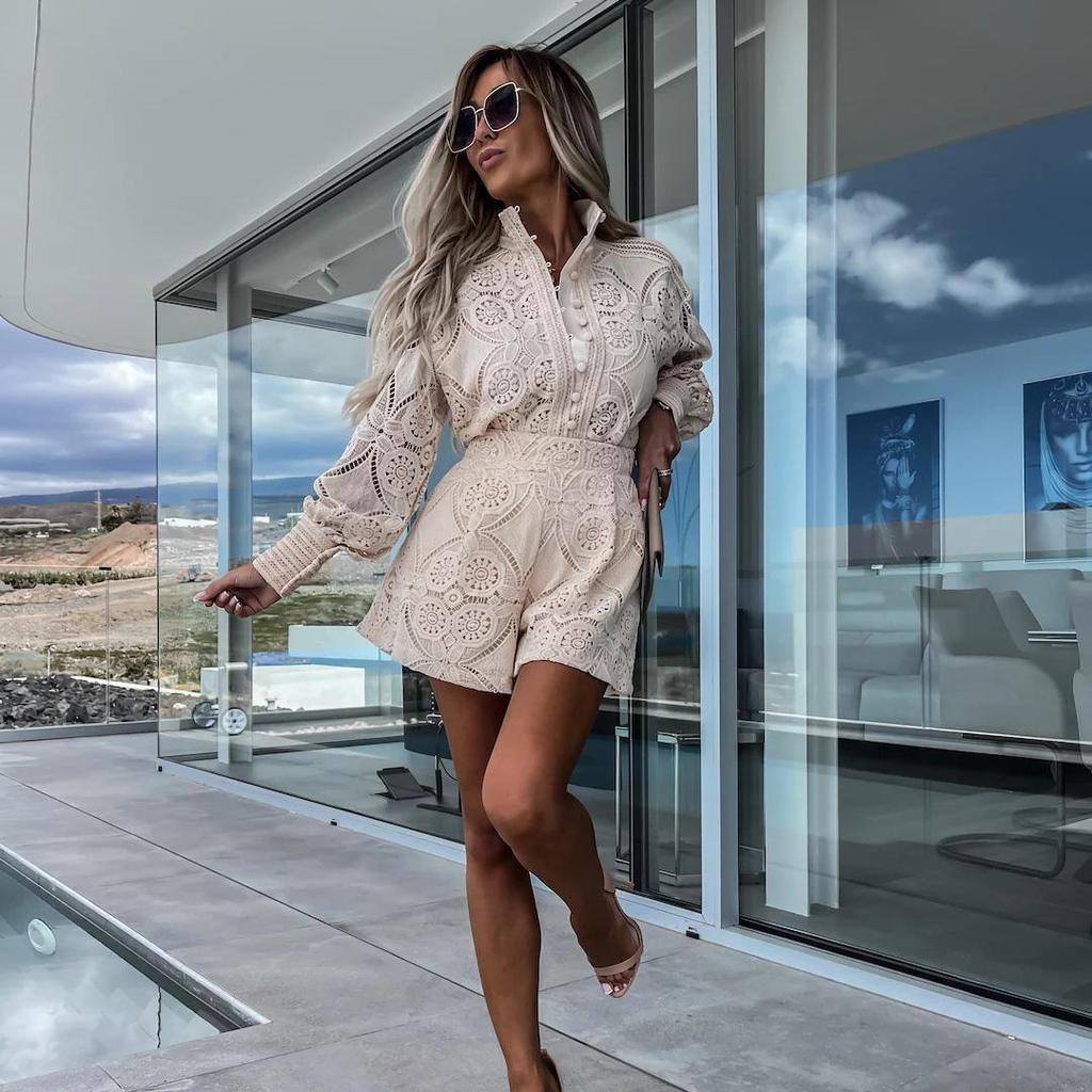 Women Spring Summer Stand Collar Solid Color Loose Sleeve Single Breasted Shirt Suit Casual Wide Leg Lace Shorts Two Piece Set S-XL