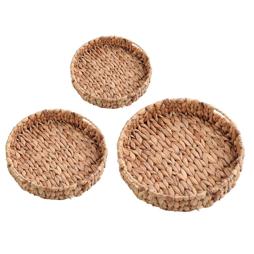 Decorative Round Basket Tray Natural Woven Fruit Vegetable Storage Tray with Handle Grass Weaving Storage Baskets Serving Trays