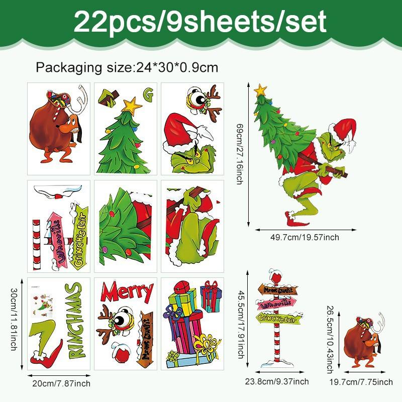 Рождественские стикеры на стену и окна Гринч! Мультяшный декор Зеленый Монстр для праздничного веселья, идеально подходит для преображения праздничного дома.