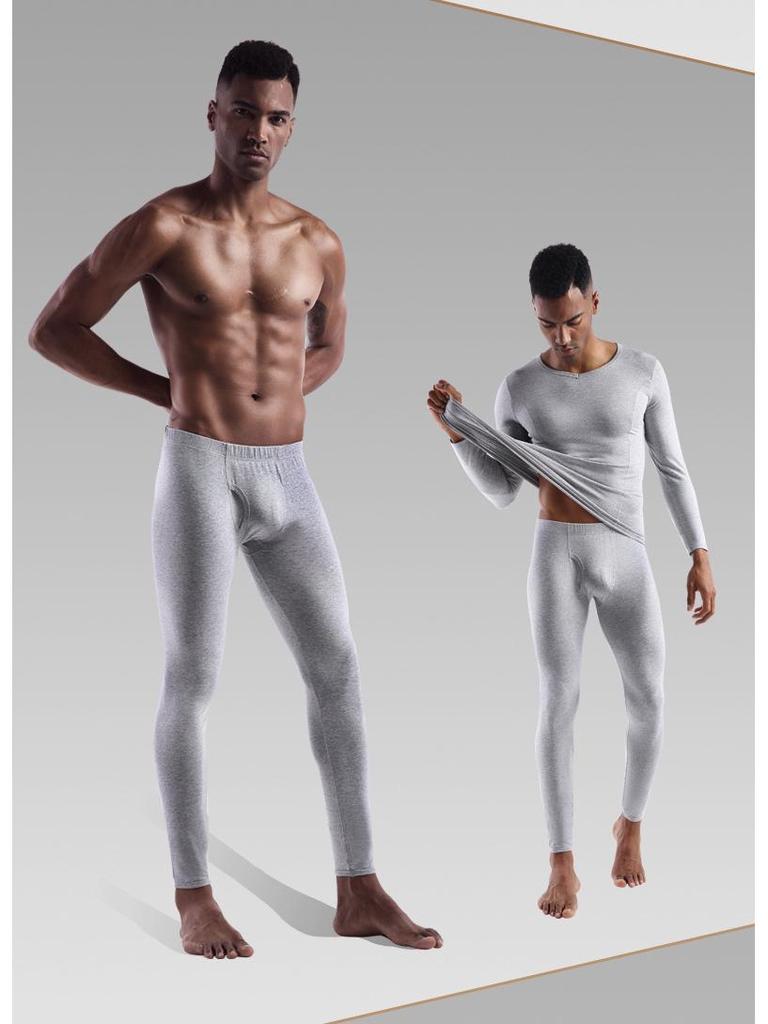 Комплект мужского хлопкового термобелья для молодежи – тонкий, облегающий, с V-образным вырезом, низким воротником, осенняя рубашка и брюки.